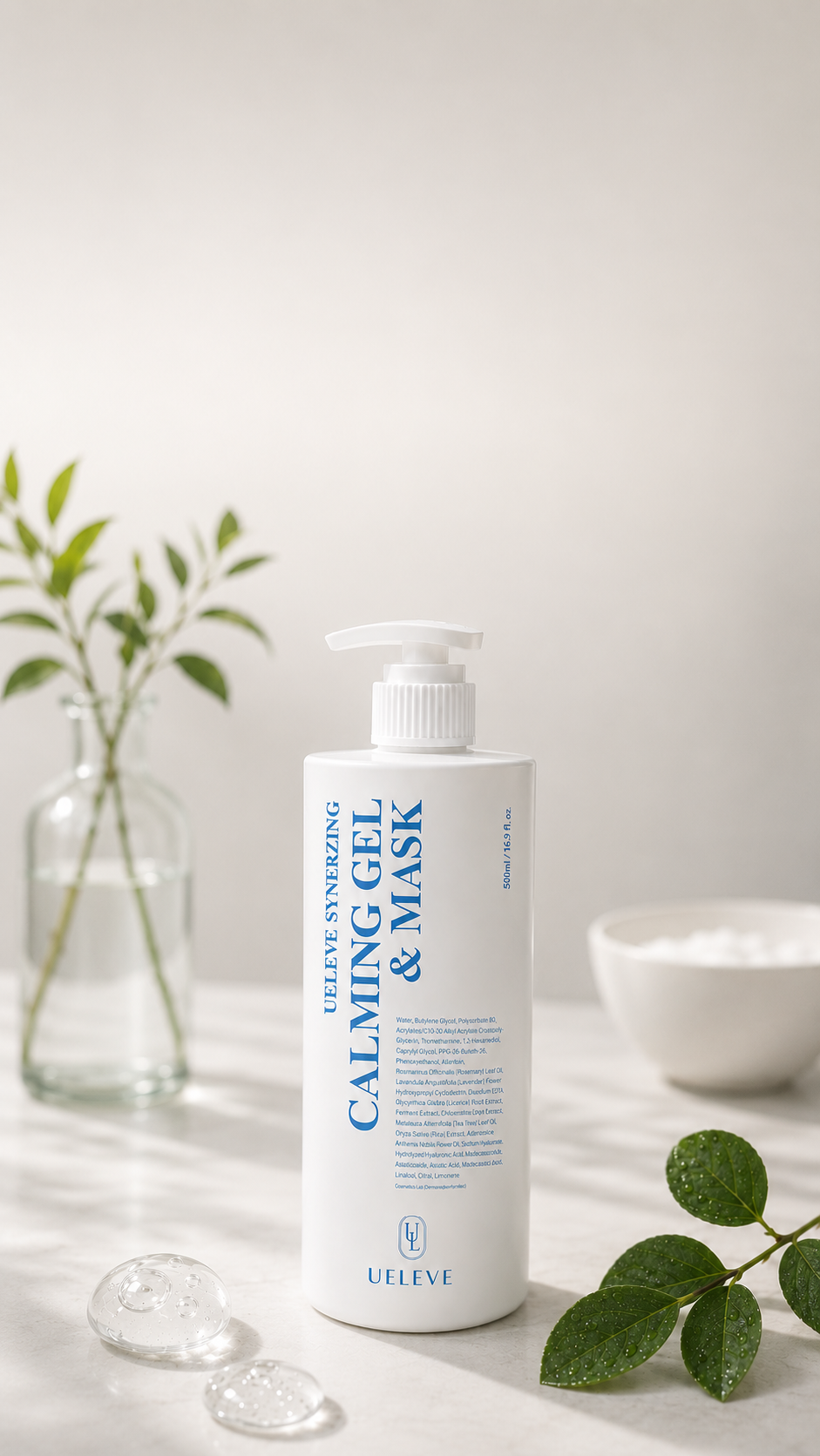 유엘리브 시너징 카밍젤 500ml 제품 상세 정보 — 병풀추출물, 판테놀, 세라마이드, 구아이아줄렌, 히알루론산이 함유된 에스테틱 전용 진정 젤 마스크 (1)